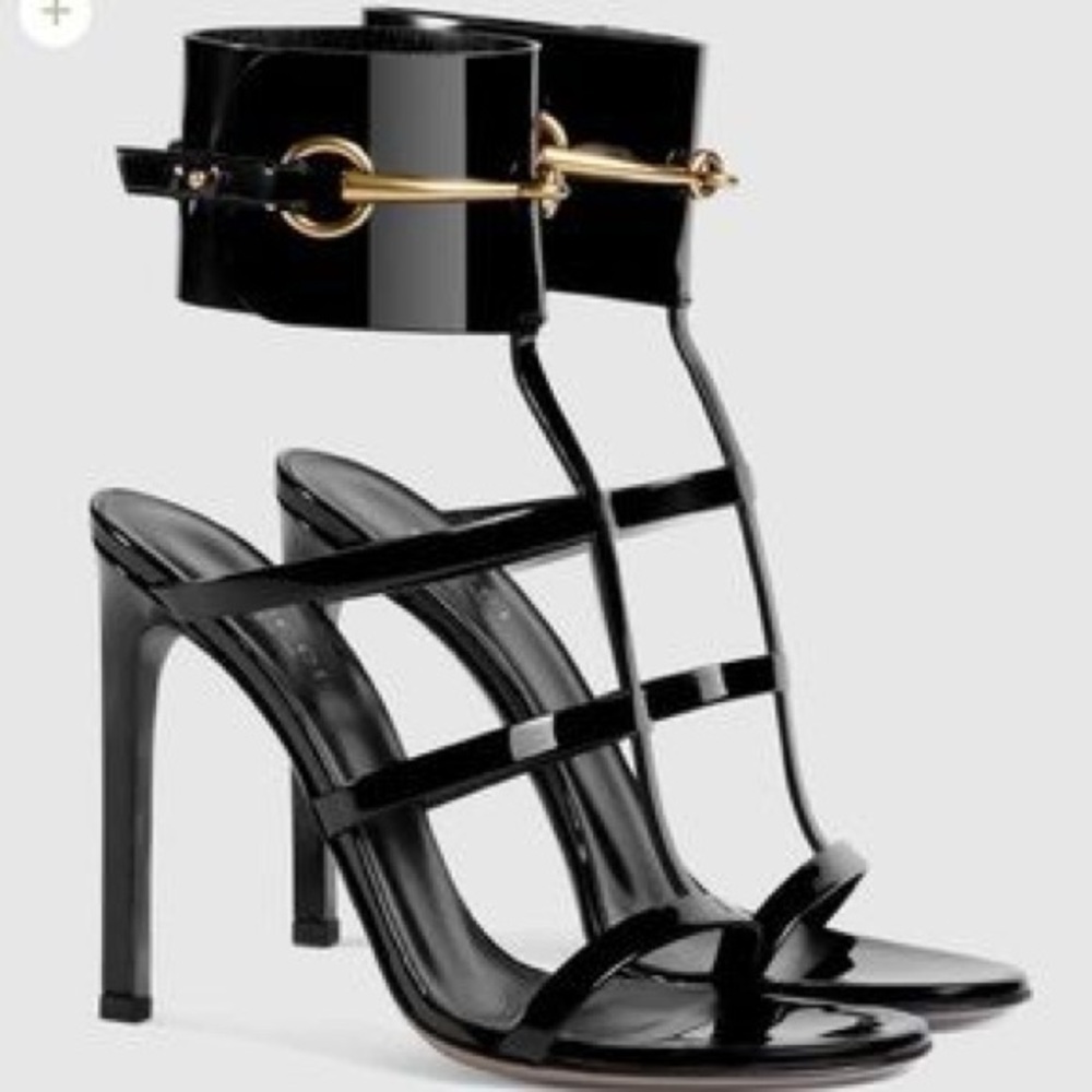 Gucci Black Patent Leather Strappy High Heel Sandals with Gold Accent